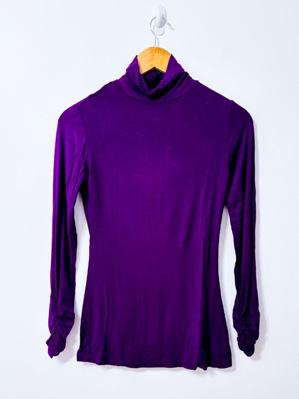 PENTAGONE Purple Turtleneck Top | Fitted Ruched Minimalist | X-Small